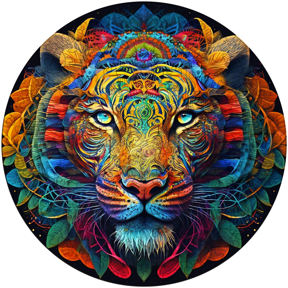 Drewniana układanka z mandalą tygrysa w krzaku