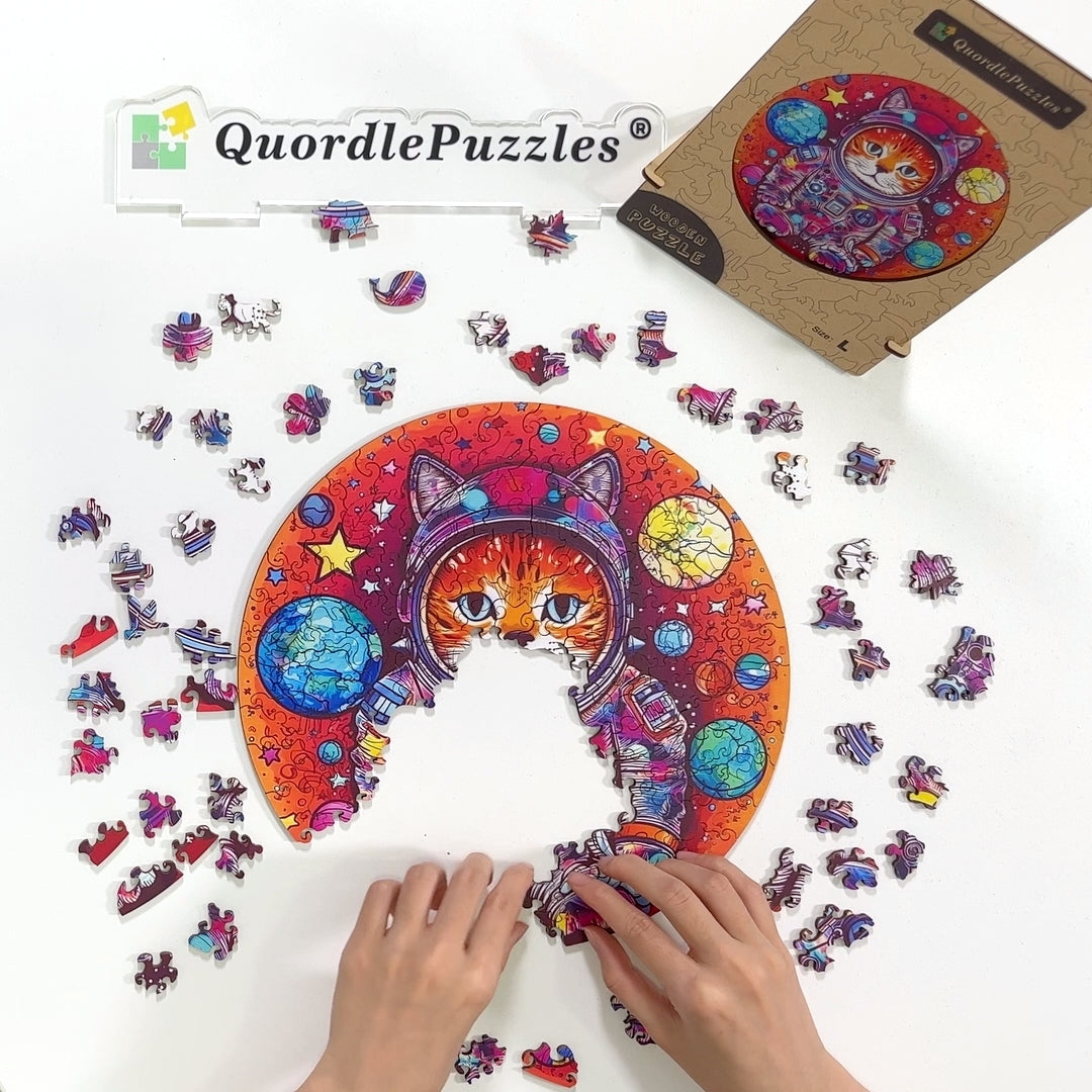 Drewniana układanka zabawny kot astronauta