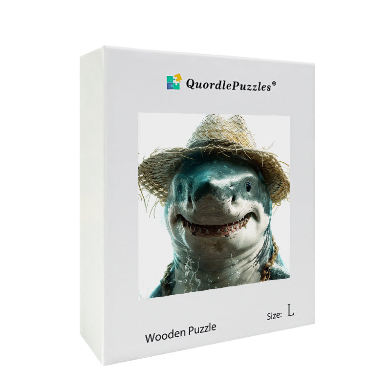 Drewniana układanka rekin w słomkowym kapeluszu