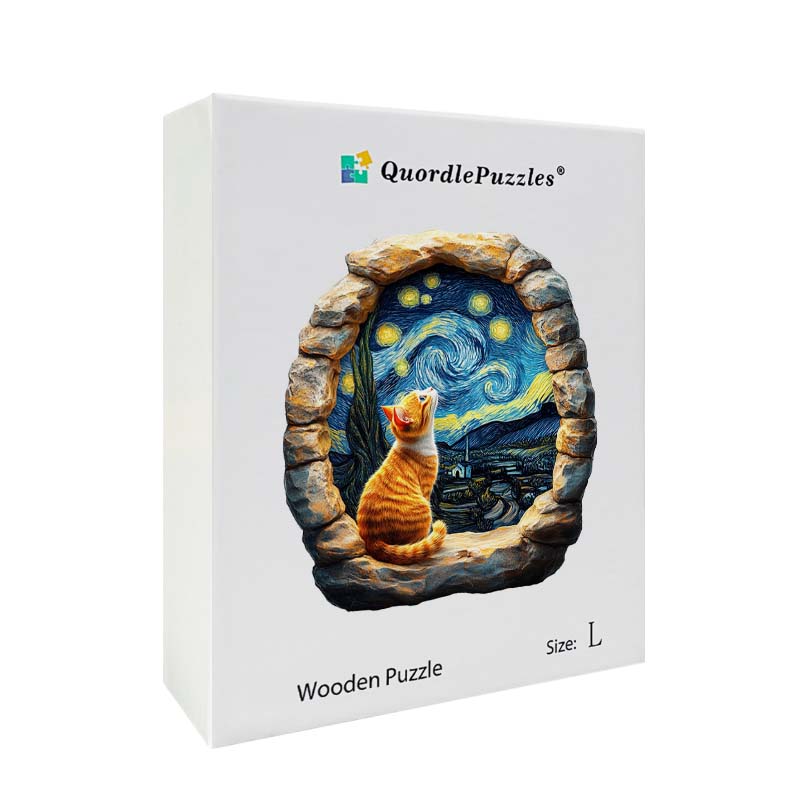 3D Drewniane Puzzle Kot pod Gwieździstym Niebem