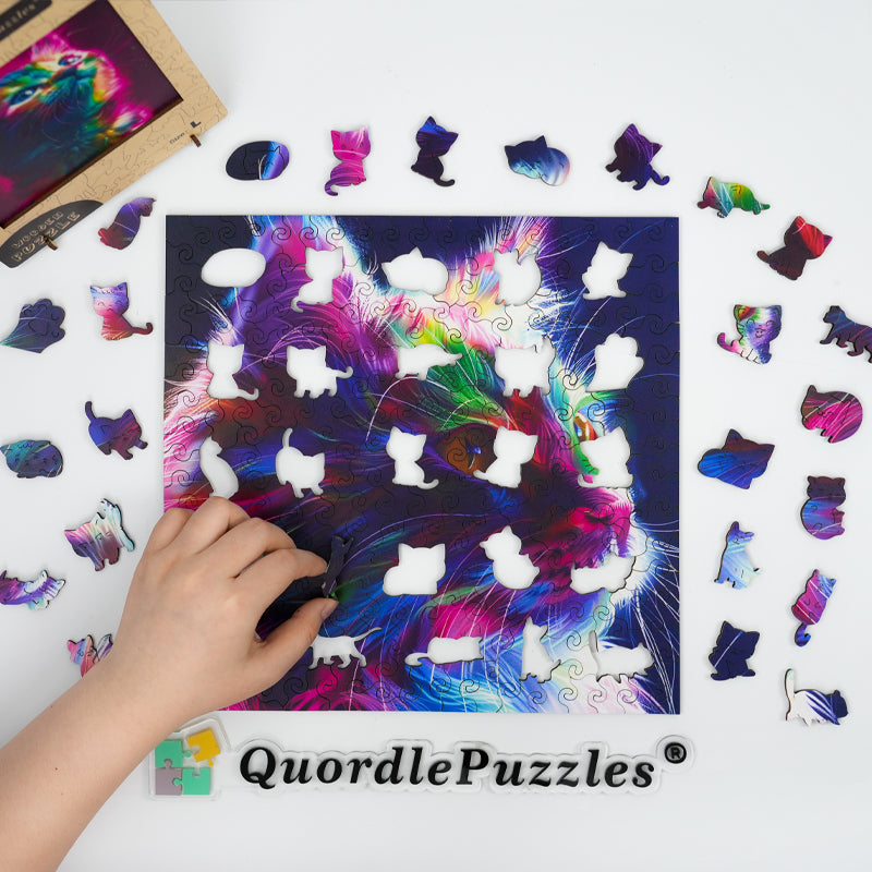 Drewniana układanka z kolorowymi kotami