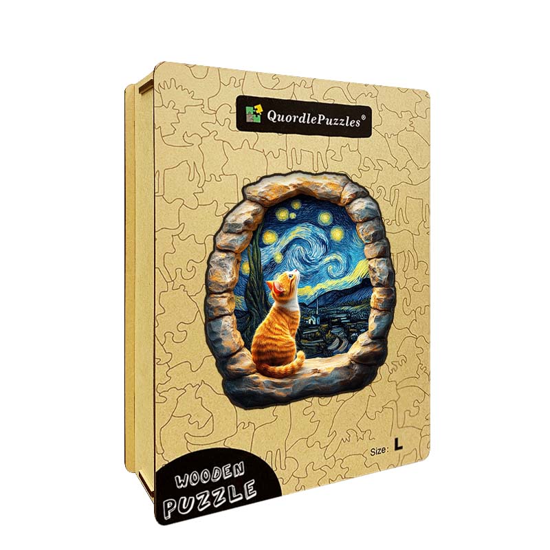 3D Drewniane Puzzle Kot pod Gwieździstym Niebem