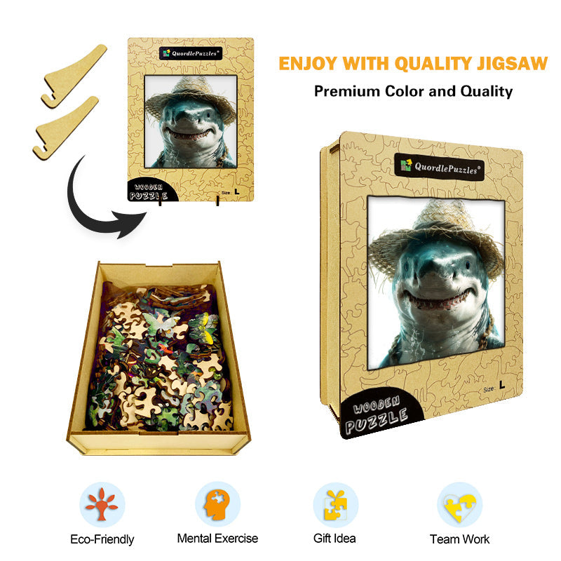 Drewniana układanka rekin w słomkowym kapeluszu