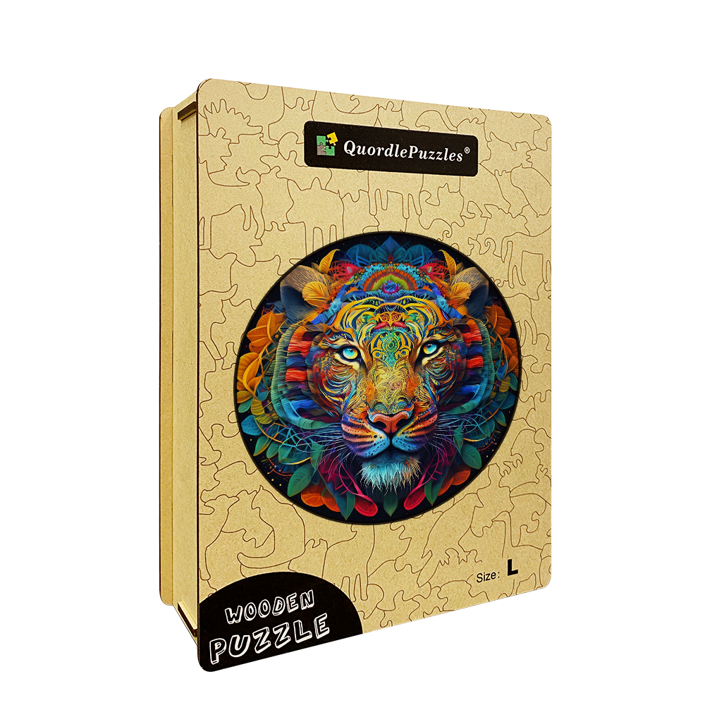 Drewniana układanka z mandalą tygrysa w krzaku