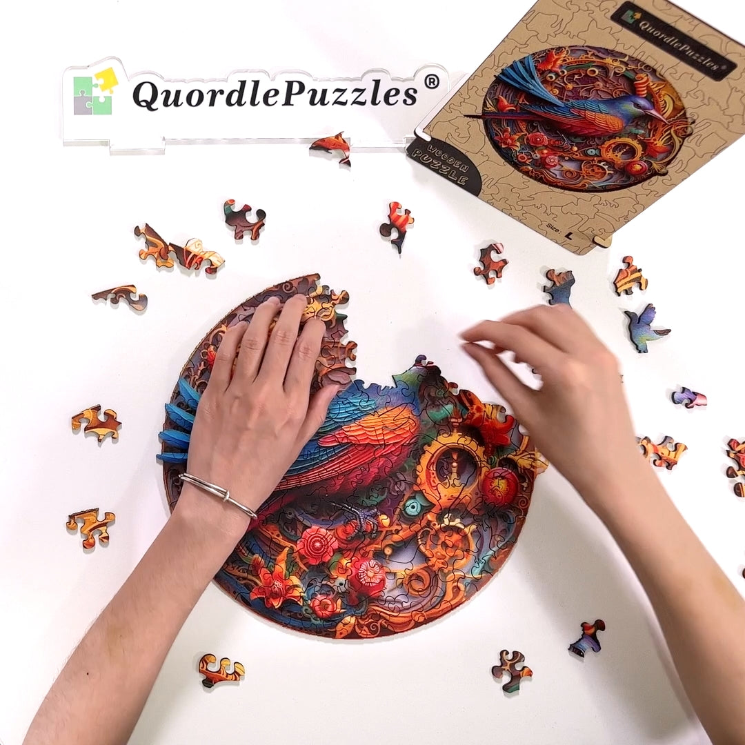 Drewniana układanka z kwiatami i ptakami