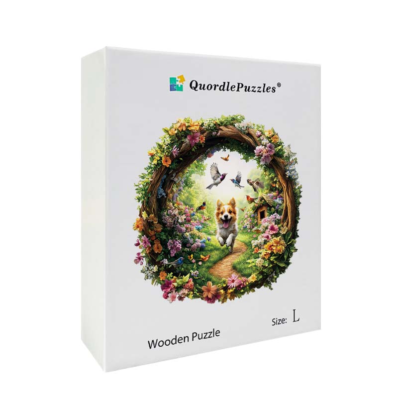 3D Drewniane Puzzle Pies w Kwiatowym Ogrodzie