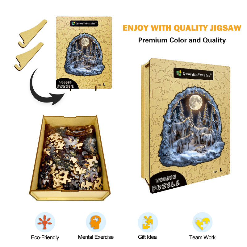 Drewniane Puzzle Wataha Wilków w Śnieżnym Księżycu