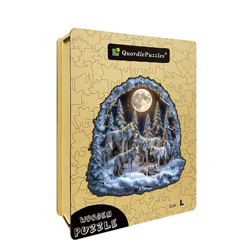 Drewniane Puzzle Wataha Wilków w Śnieżnym Księżycu