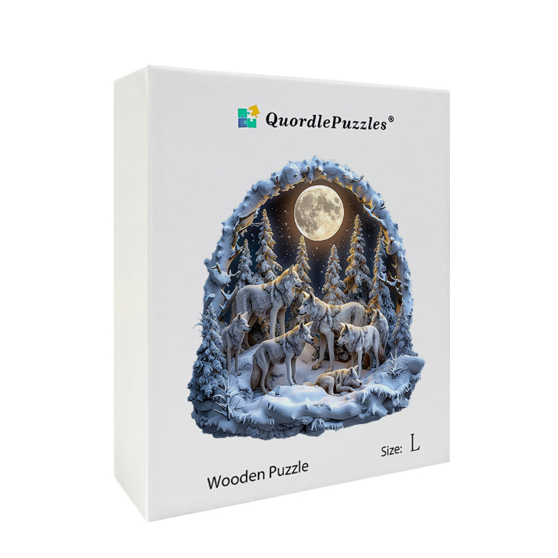 Drewniane Puzzle Wataha Wilków w Śnieżnym Księżycu
