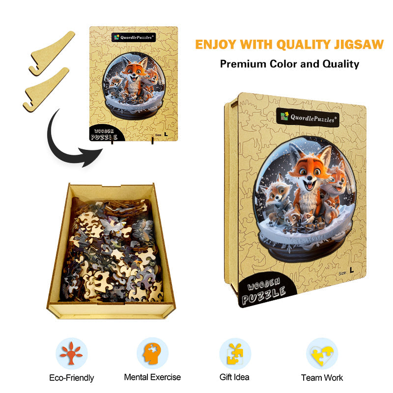 Drewniane Puzzle Rodzina Lisów w Kulach Śnieżnych