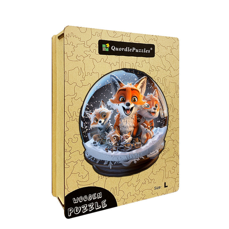 Drewniane Puzzle Rodzina Lisów w Kulach Śnieżnych