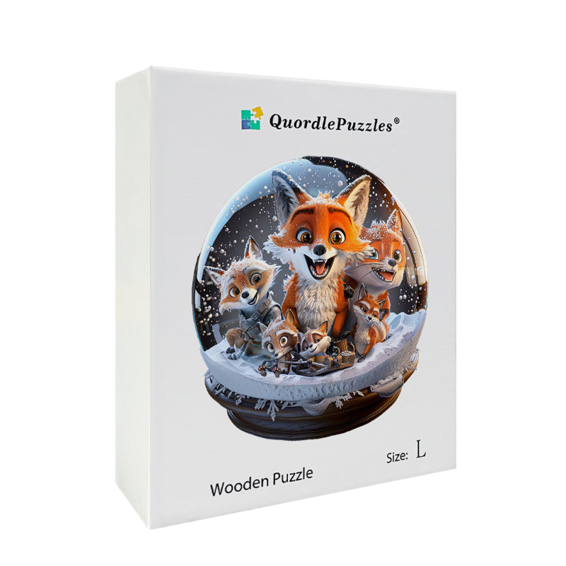 Drewniane Puzzle Rodzina Lisów w Kulach Śnieżnych