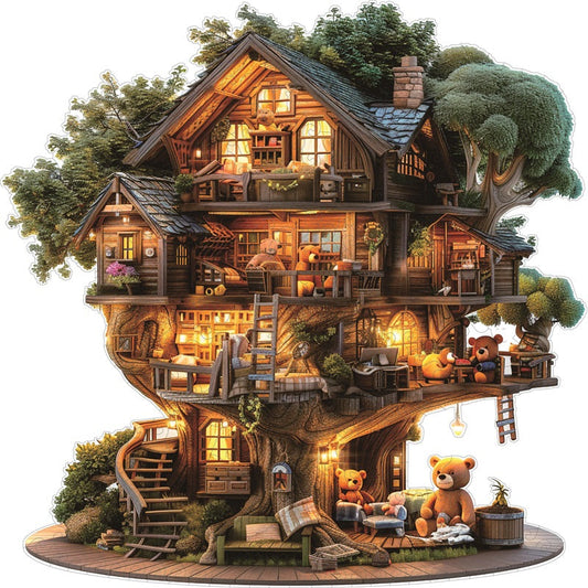 Drewniane Puzzle Domek na Drzewie Pluszowego Misia