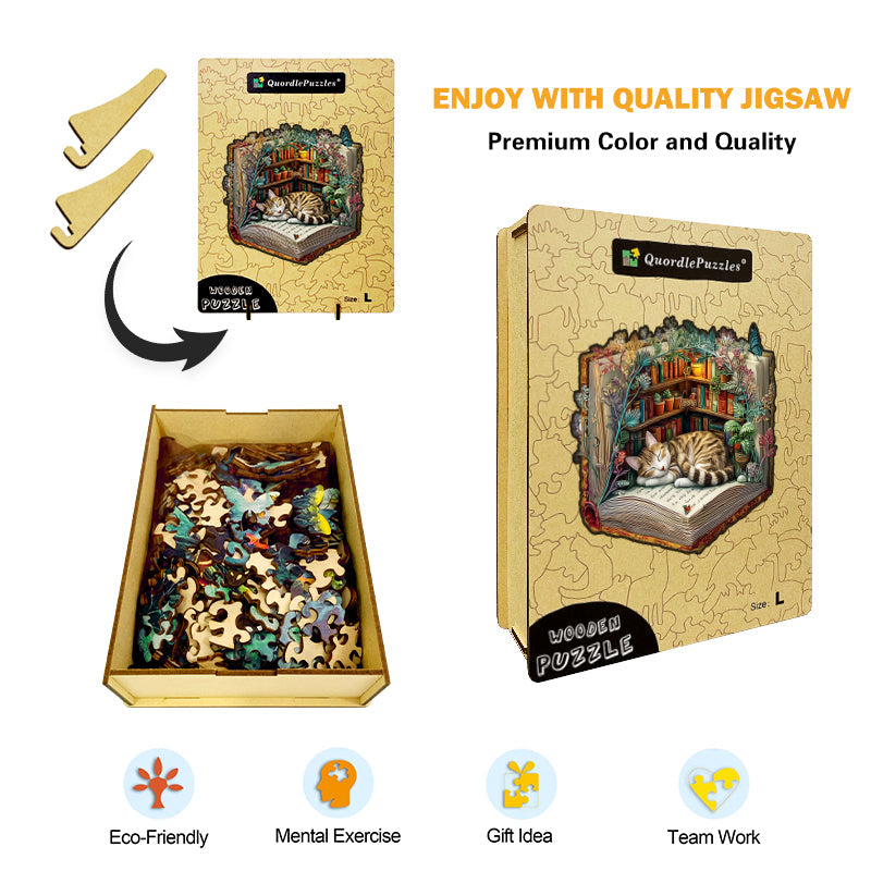 Puzzle in legno "Gatto pigro con libri"