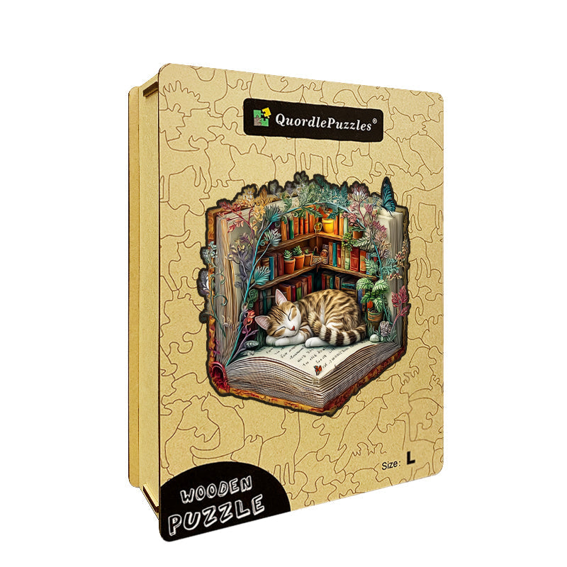 Puzzle in legno "Gatto pigro con libri"