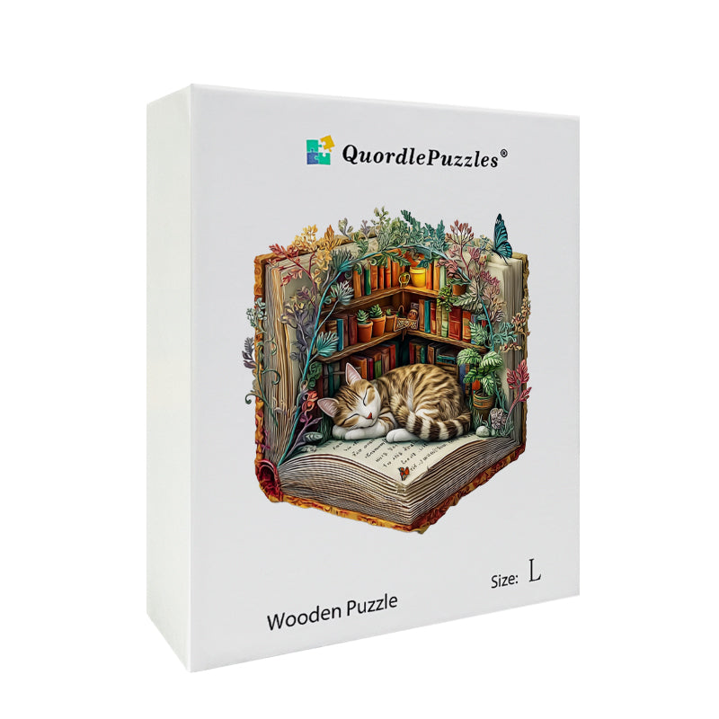 Puzzle in legno "Gatto pigro con libri"
