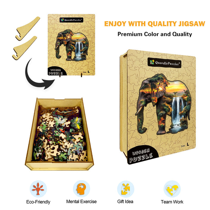 Puzzle in legno "Elefante dentro una cascata al tramonto"