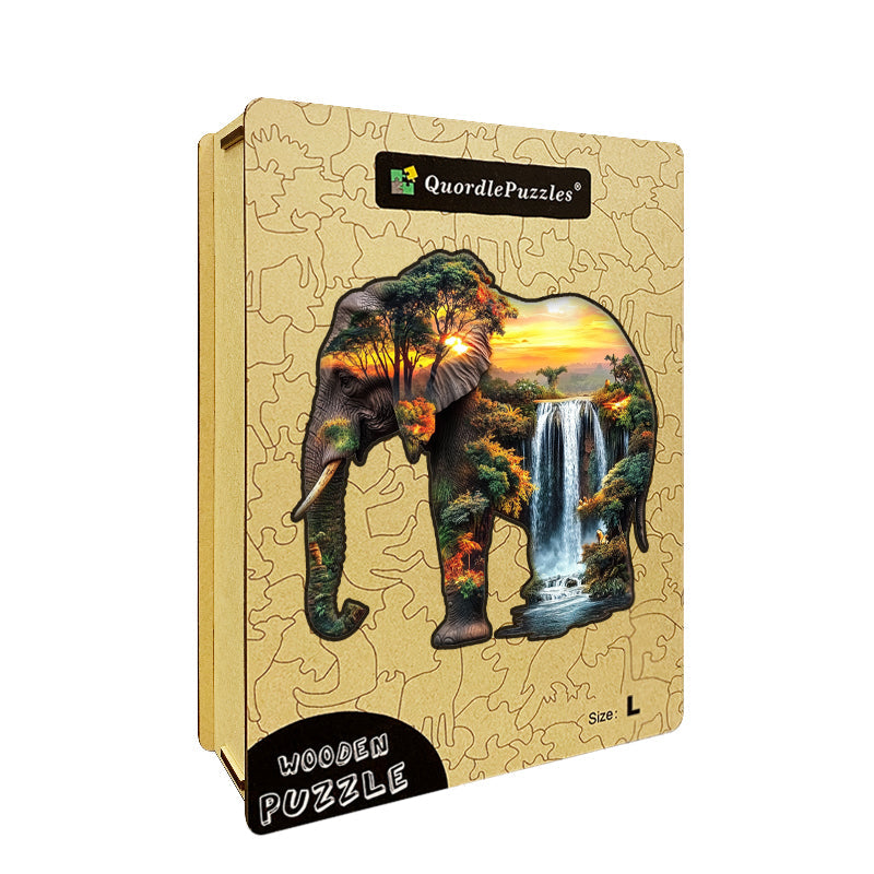 Puzzle in legno "Elefante dentro una cascata al tramonto"