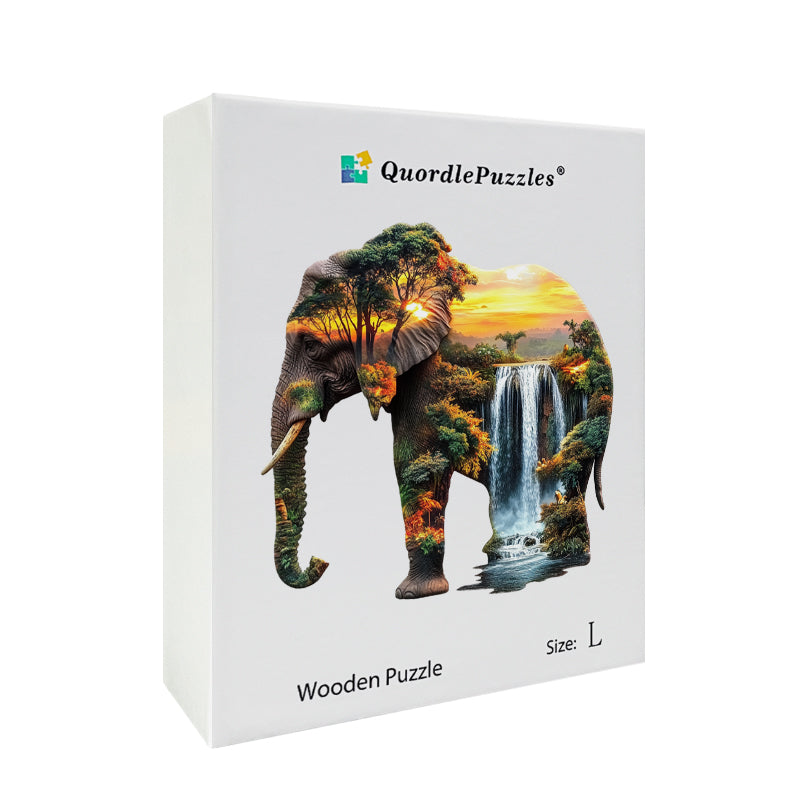Puzzle in legno "Elefante dentro una cascata al tramonto"
