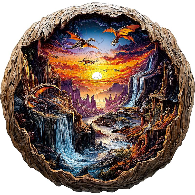 3D Drewniane Puzzle Smok o Zachodzie Słońca