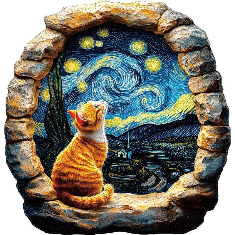3D Drewniane Puzzle Kot pod Gwieździstym Niebem