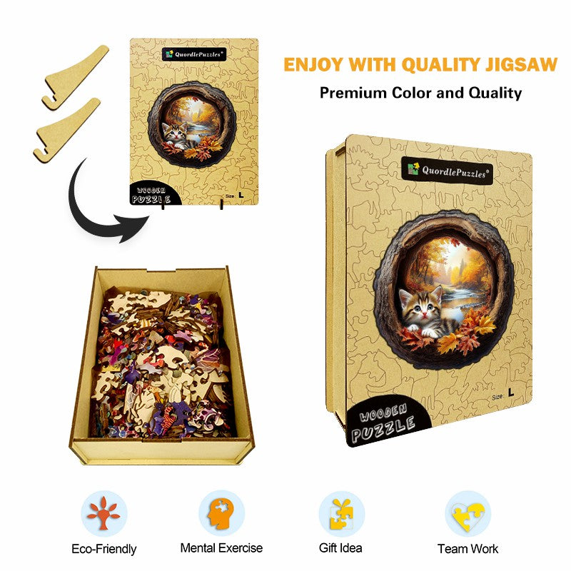 3D Drewniane Puzzle Jesienny Kotek
