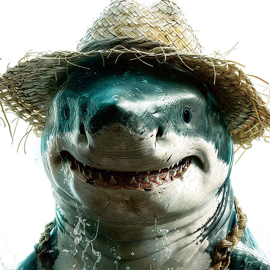 Drewniana układanka rekin w słomkowym kapeluszu