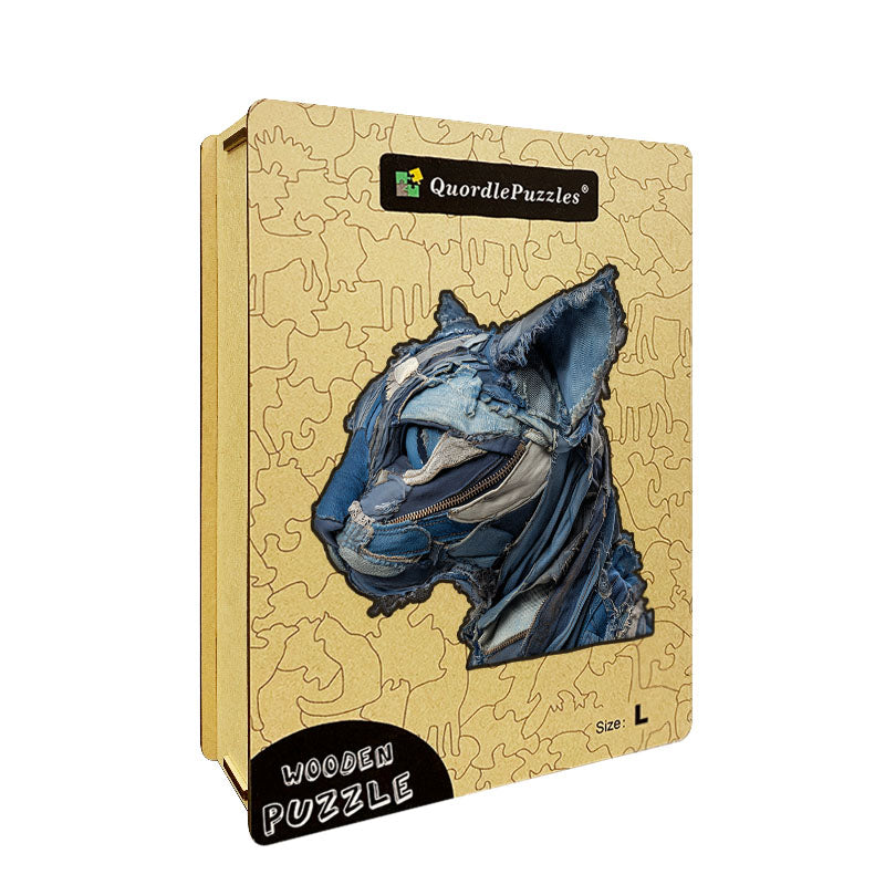 Denimowy Kot Drewniane Puzzle