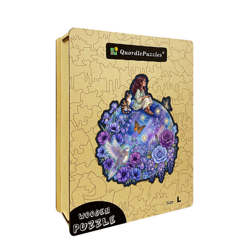Mistyczna Figlarna Dziewczynka & Kot – Drewniane Puzzle