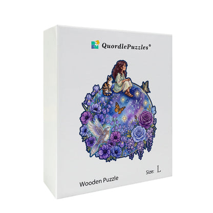 Mistyczna Figlarna Dziewczynka & Kot – Drewniane Puzzle