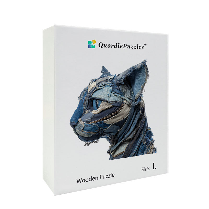 Denimowy Kot Drewniane Puzzle