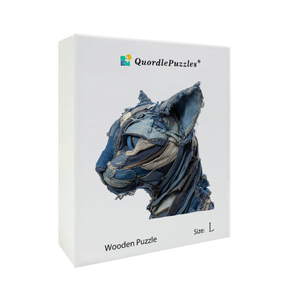 Denimowy Kot Drewniane Puzzle