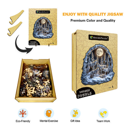 Drewniane Puzzle Wataha Wilków w Śnieżnym Księżycu