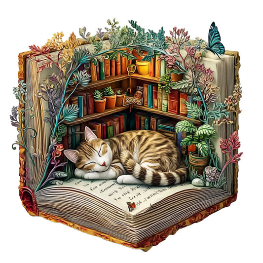 Puzzle in legno "Gatto pigro con libri"