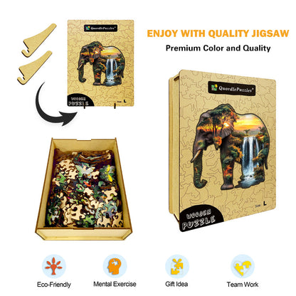 Puzzle in legno "Elefante dentro una cascata al tramonto"