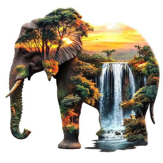 Puzzle in legno "Elefante dentro una cascata al tramonto"