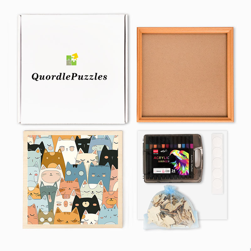 Line Kittens - Drewniane puzzle do kolorowania