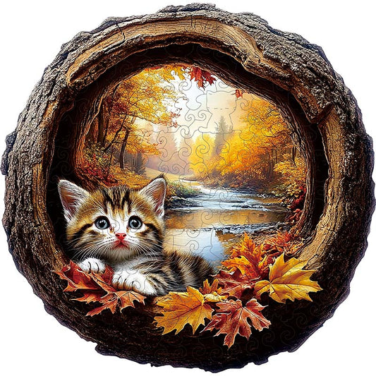 3D Drewniane Puzzle Jesienny Kotek
