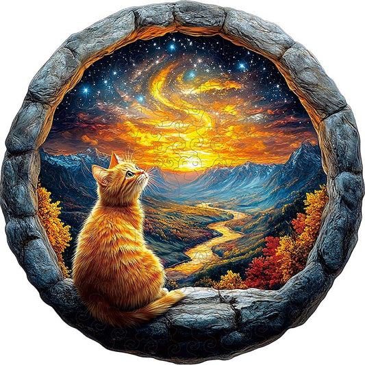 3D Drewniane Puzzle Kot pod Gwieździstym Niebem
