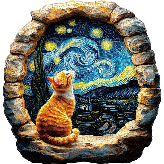3D Drewniane Puzzle Kot pod Gwieździstym Niebem