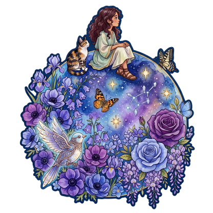 Mistyczna Figlarna Dziewczynka & Kot – Drewniane Puzzle