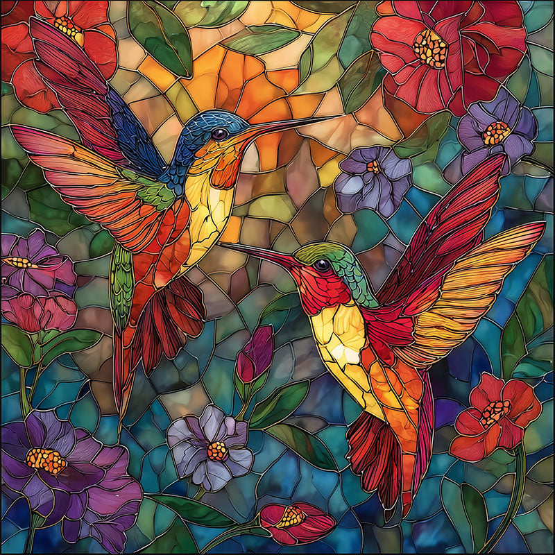 Drewniana układanka z witrażem „Duet kolibrów”